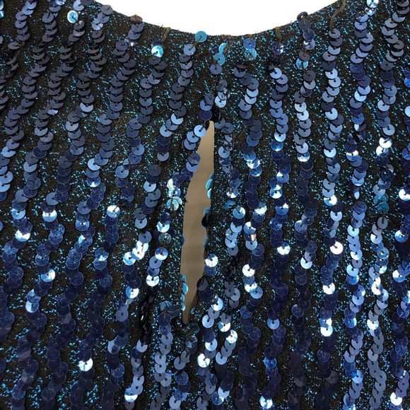 80’s Vintage Cobalt Sequin Zigzag Cap Sleeve V Back Bodycon Dress - Picture 3 of 11